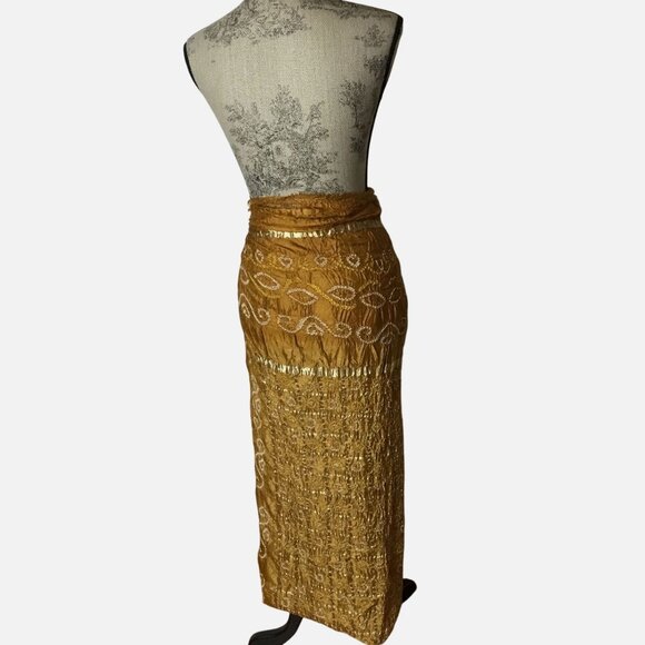 VTG Silk Bandhani Dupatta Shawl Gold Crinkle Wrap Zari Border India Artisan Boho - Picture 3 of 10